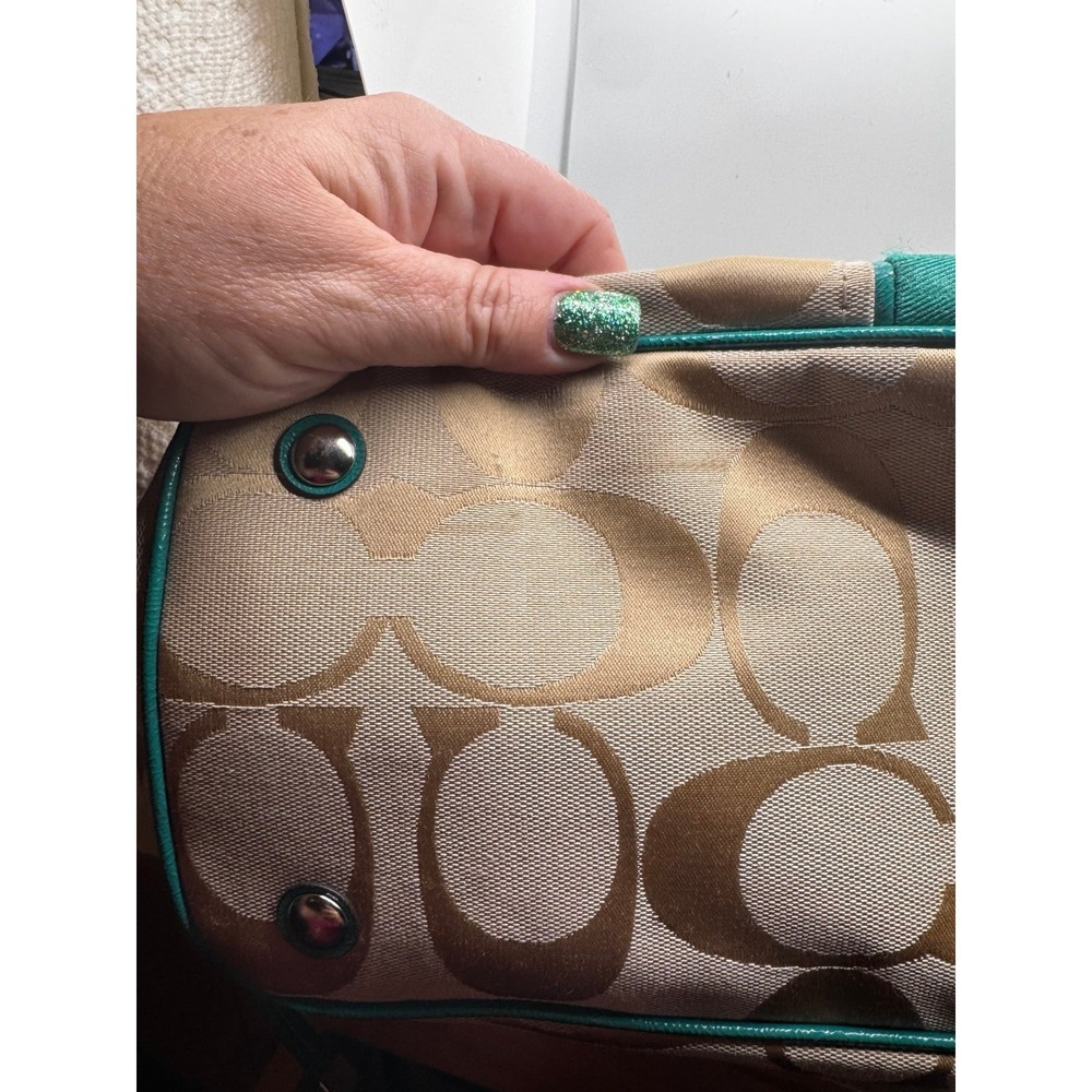 Coach F21949 Signature Stripe Carryall Khaki Jade Green Purse Near Mint - Picture 5 of 12